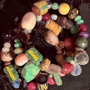 Multi-color 3 Tier Wrap Bracelet w Semi-Precious Stones, African Trade Beads